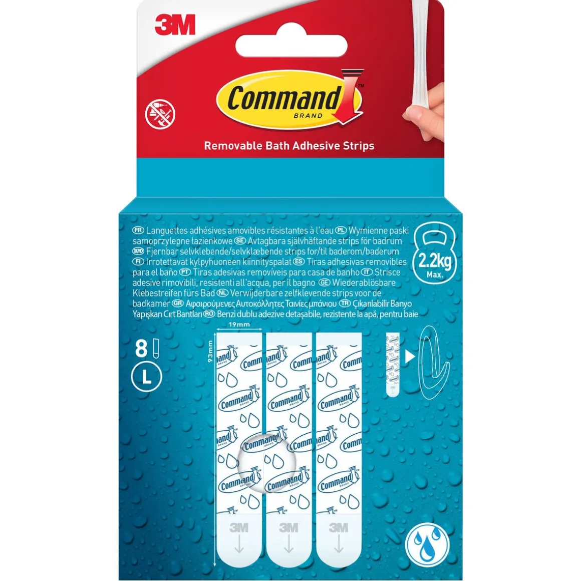 Command självhäftande strips L, badrum, 2,2 kg, 8-pack