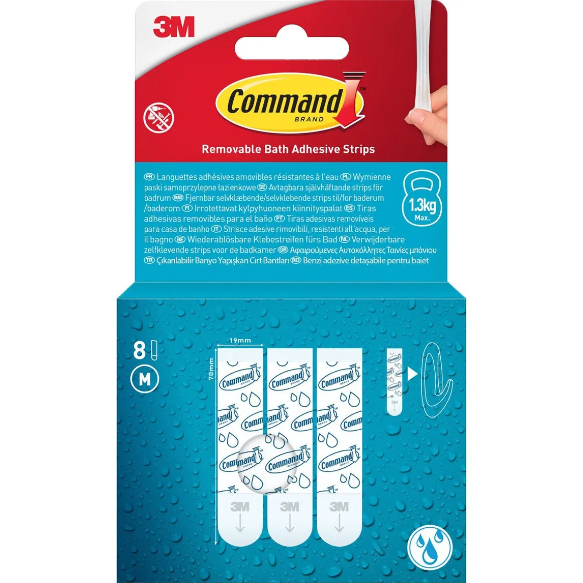 Command självhäftande strips M, badrum, 1,3 kg, 8-pack