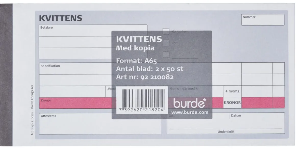 Kvittens med kopia, A65 med 50 blad