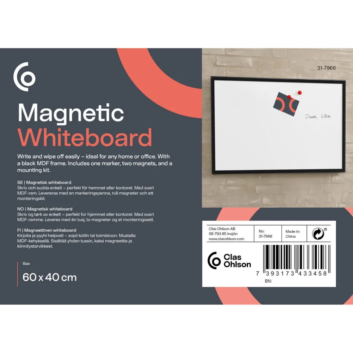 Magnetisk whiteboard 60x40 cm svart ram