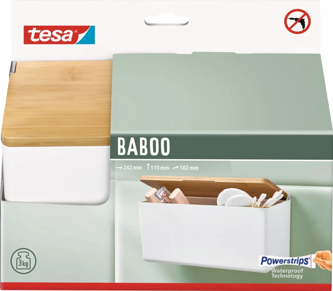 Tesa Baboo självhäftande hylla med lock i bambu, vit