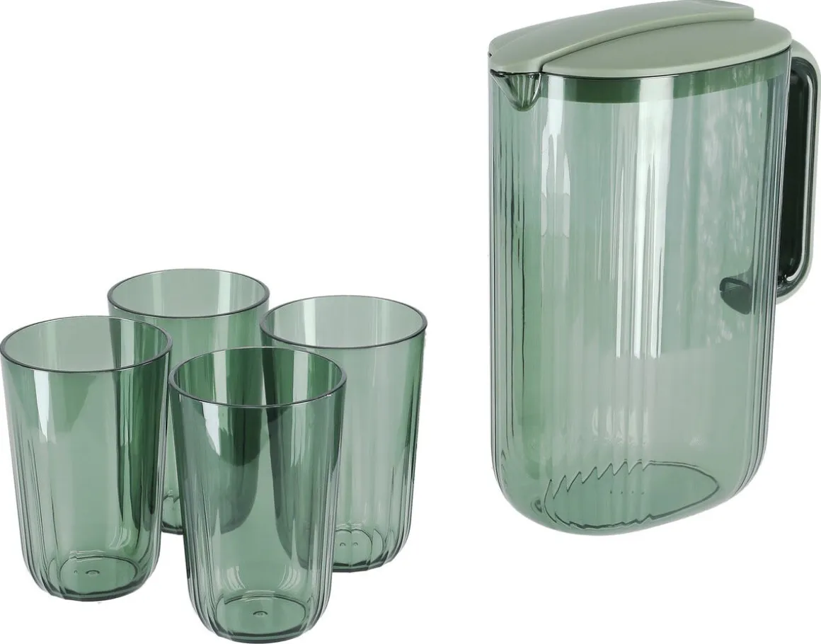 Tillbringare i plast med lock och 4 glas, 2 liter