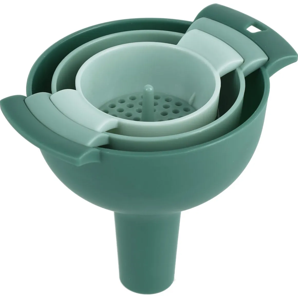 Tratt med sil, plast, stapelbar, 3-pack