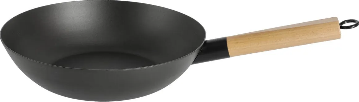 Wokpanna i kolstål med platt botten, 28 cm